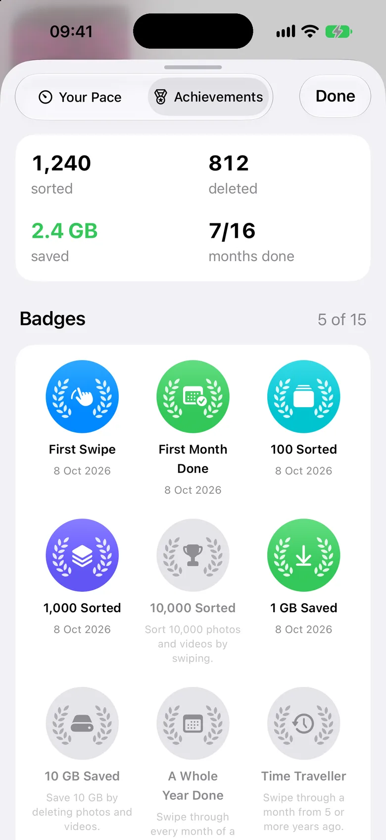 The Achievements page: 1,240 sorted, 812 deleted, 2.4 GB saved, and earned badges