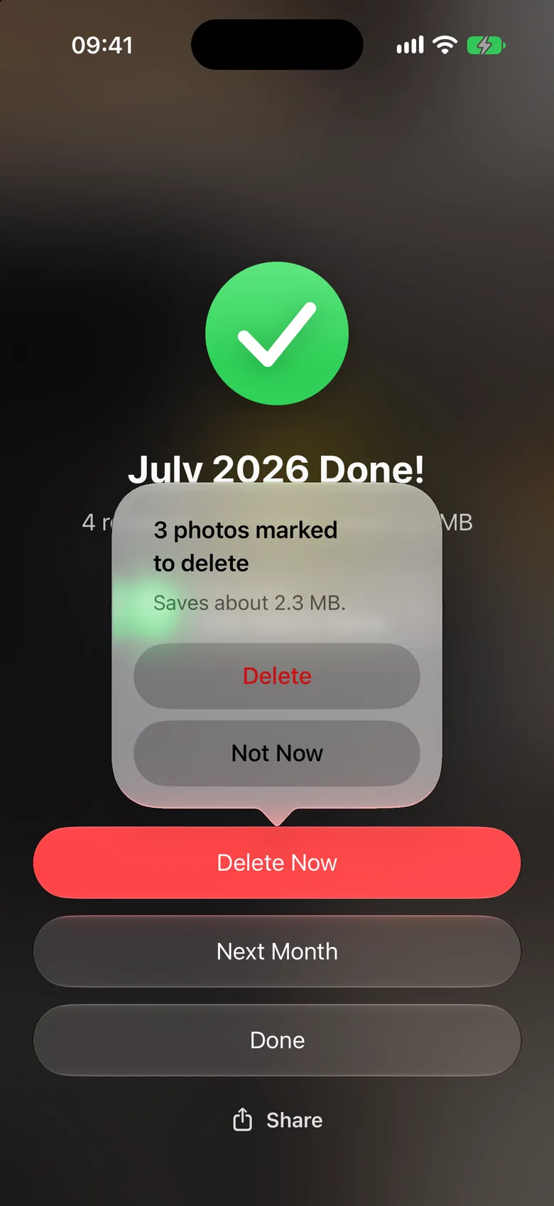 July 2026 Done: three photos marked to delete, which saves about 2.3 MB, with a choice to delete them or not now